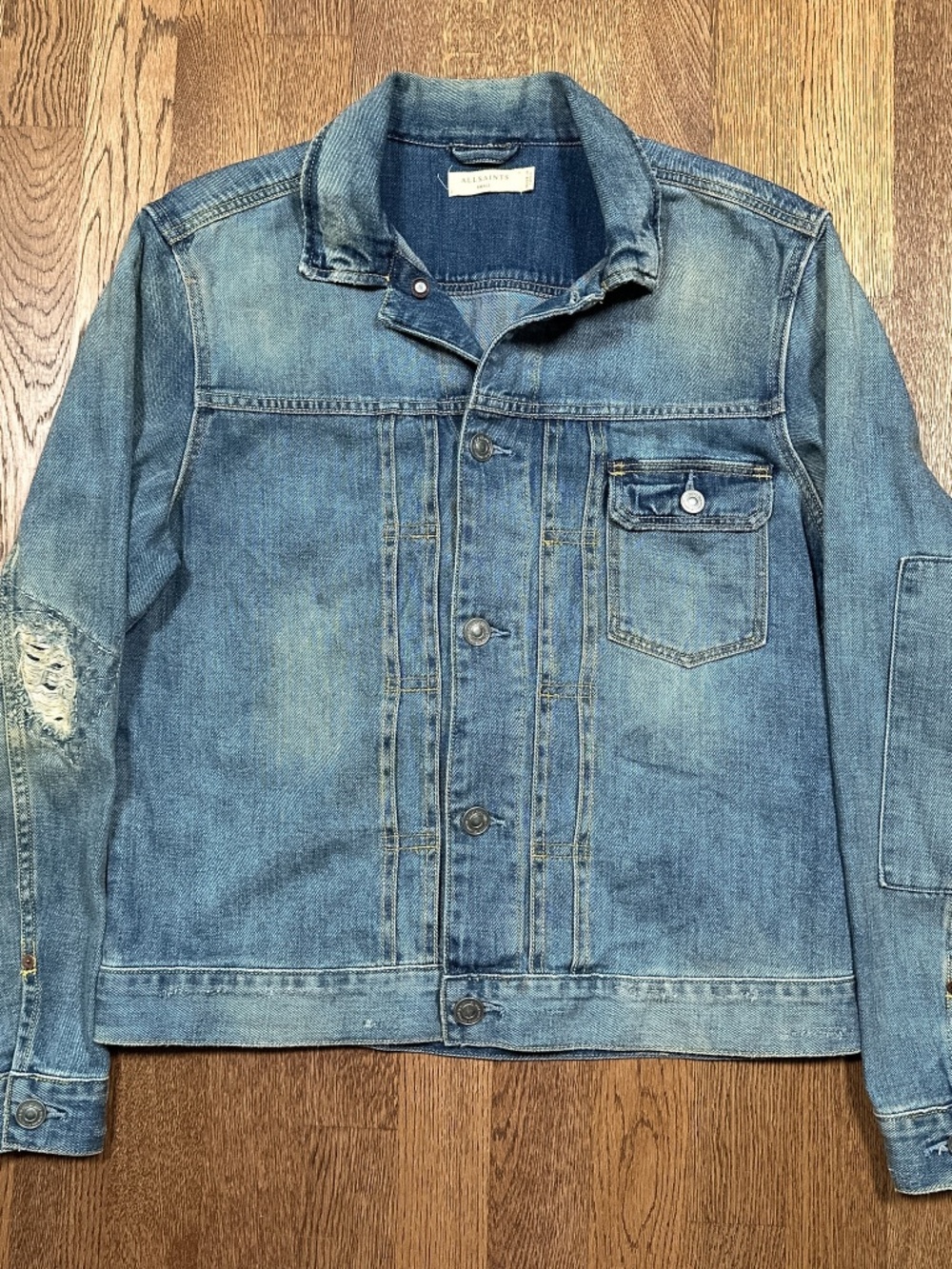 All Saints Isidro Type 2 Elbow Patchwork Blue Denim Trucker Jacket Mens Small